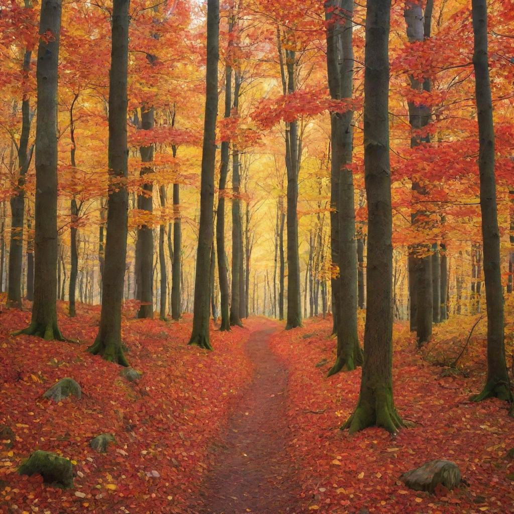 A dazzling forest during autumn, with leaves full of vibrant oranges, reds, and yellows