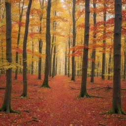 A dazzling forest during autumn, with leaves full of vibrant oranges, reds, and yellows