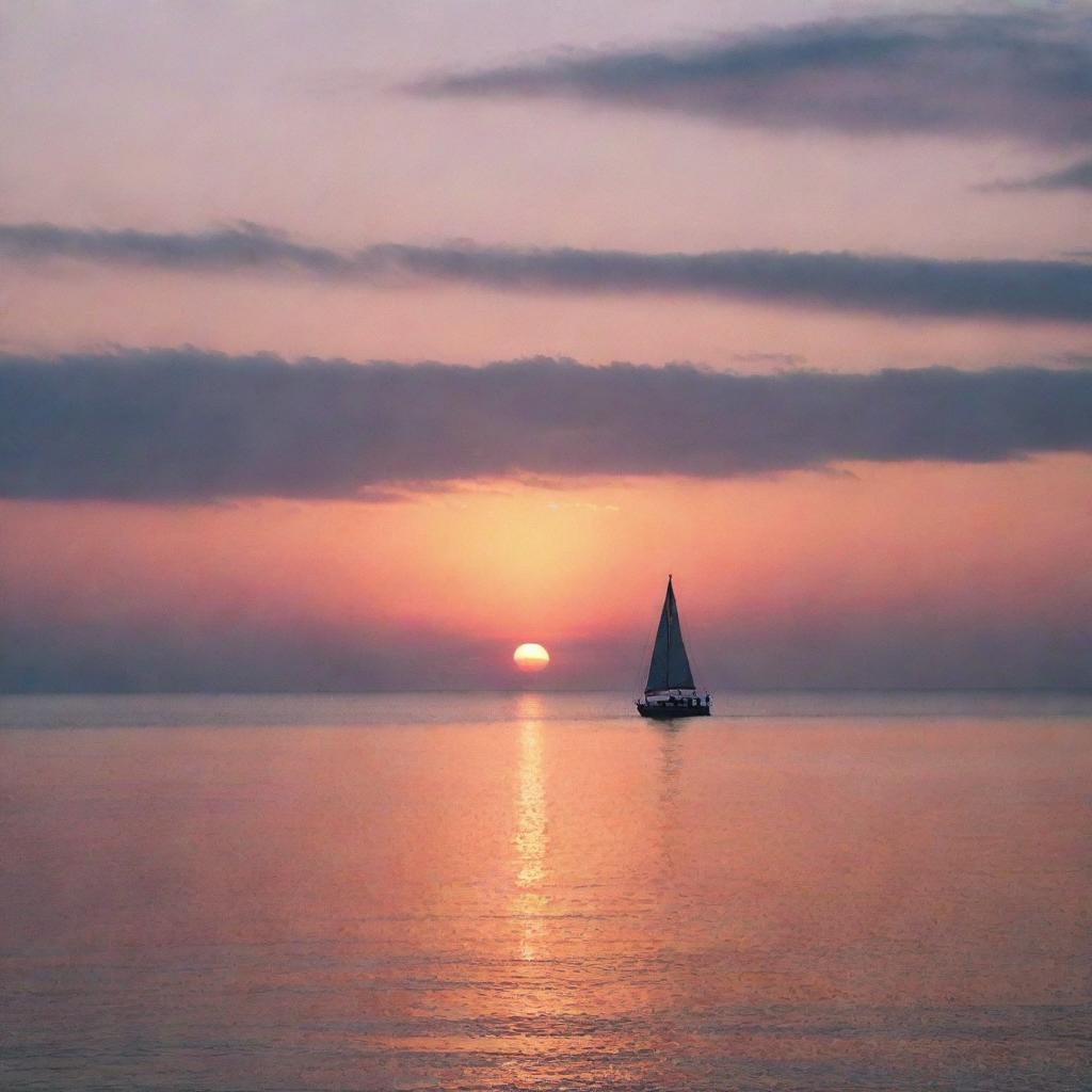 An enchanting sunset over an serene ocean, with hues of pink, orange and blue reflecting off the calm waters. A lone sailboat can be seen in the distance, illustrating tranquility and peace.