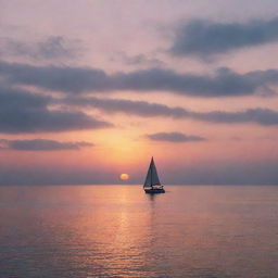 An enchanting sunset over an serene ocean, with hues of pink, orange and blue reflecting off the calm waters. A lone sailboat can be seen in the distance, illustrating tranquility and peace.