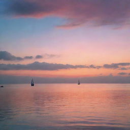 An enchanting sunset over an serene ocean, with hues of pink, orange and blue reflecting off the calm waters. A lone sailboat can be seen in the distance, illustrating tranquility and peace.