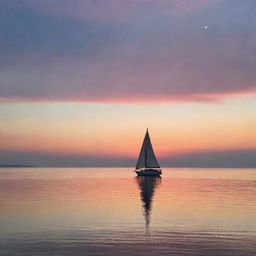 An enchanting sunset over an serene ocean, with hues of pink, orange and blue reflecting off the calm waters. A lone sailboat can be seen in the distance, illustrating tranquility and peace.