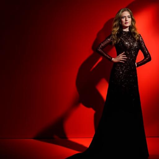 Generate an image of a beautiful actress in an elegant outfit, standing on a red carpet with soft lighting