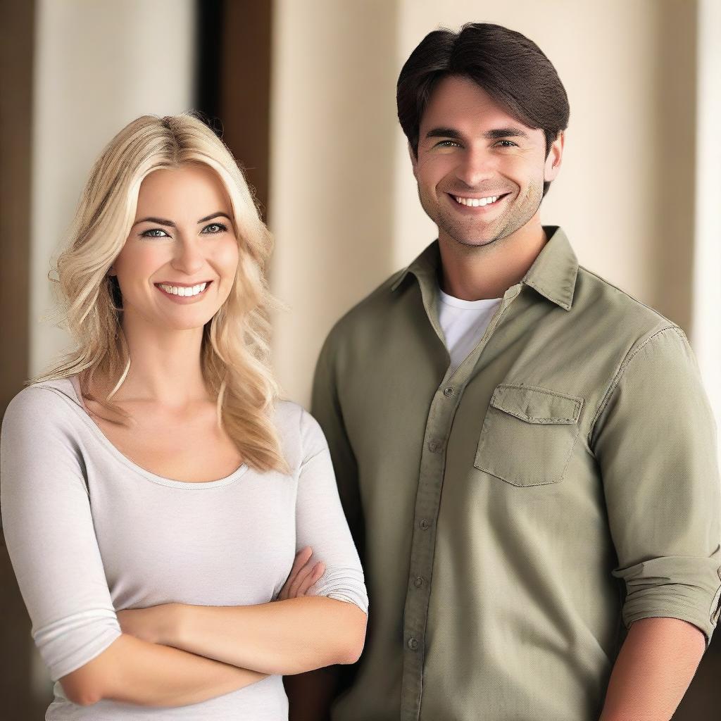 A brunette man in his 30s is standing in front of a blonde woman in her 20s