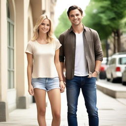 A brunette man in his 30s is standing in front of a blonde woman in her 20s