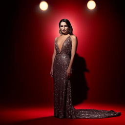 Generate an image of a beautiful actress in an elegant outfit, standing on a red carpet with soft lighting