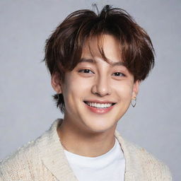 A portrait of Jungkook from BTS, showcasing his charismatic personality and stylish fashion sense. His hair is slightly messy, and he's beaming with his signature warm smile.