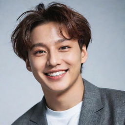 A portrait of Jungkook from BTS, showcasing his charismatic personality and stylish fashion sense. His hair is slightly messy, and he's beaming with his signature warm smile.