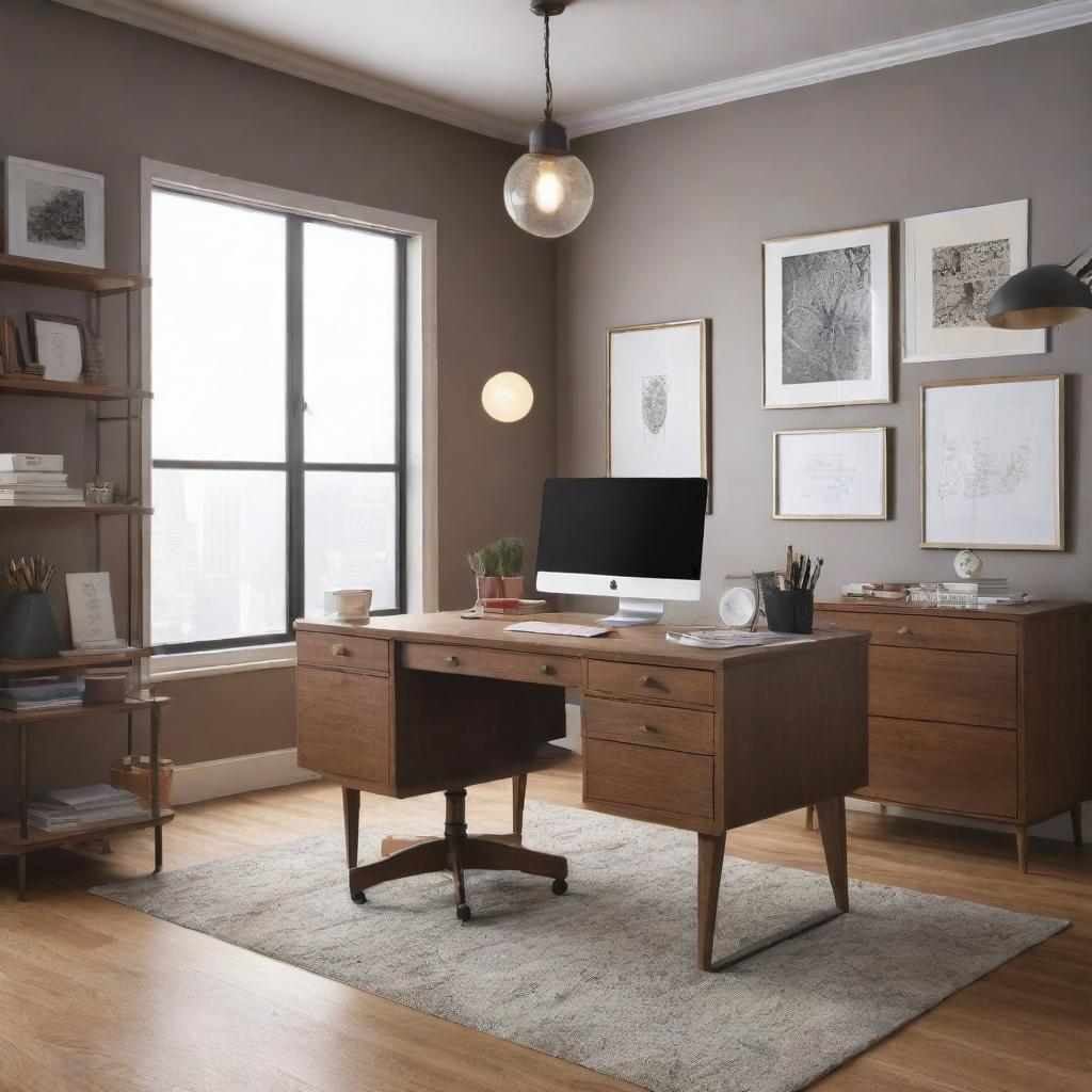 Illustration style office space with classic desk settings, decorated with stationery items, computers, and modern lighting fixtures.