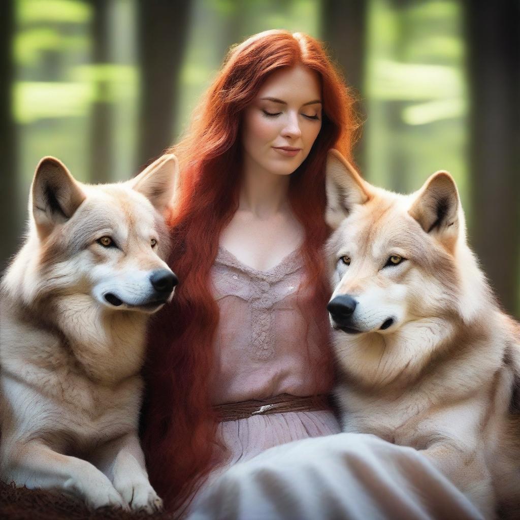 A serene image of a female with long red hair gently cuddling two wolves