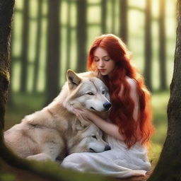 A serene image of a female with long red hair gently cuddling two wolves