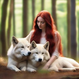 A serene image of a female with long red hair gently cuddling two wolves