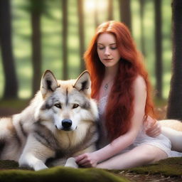 A serene image of a female with long red hair gently cuddling two wolves