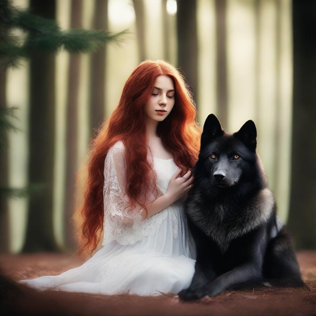 A serene image of a female with long red hair gently cuddling one black wolf and one white wolf