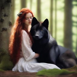 A serene image of a female with long red hair gently cuddling one black wolf and one white wolf