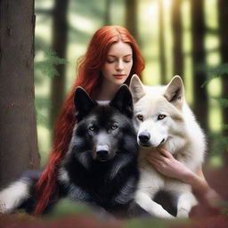 A serene image of a female with long red hair gently cuddling one black wolf and one white wolf