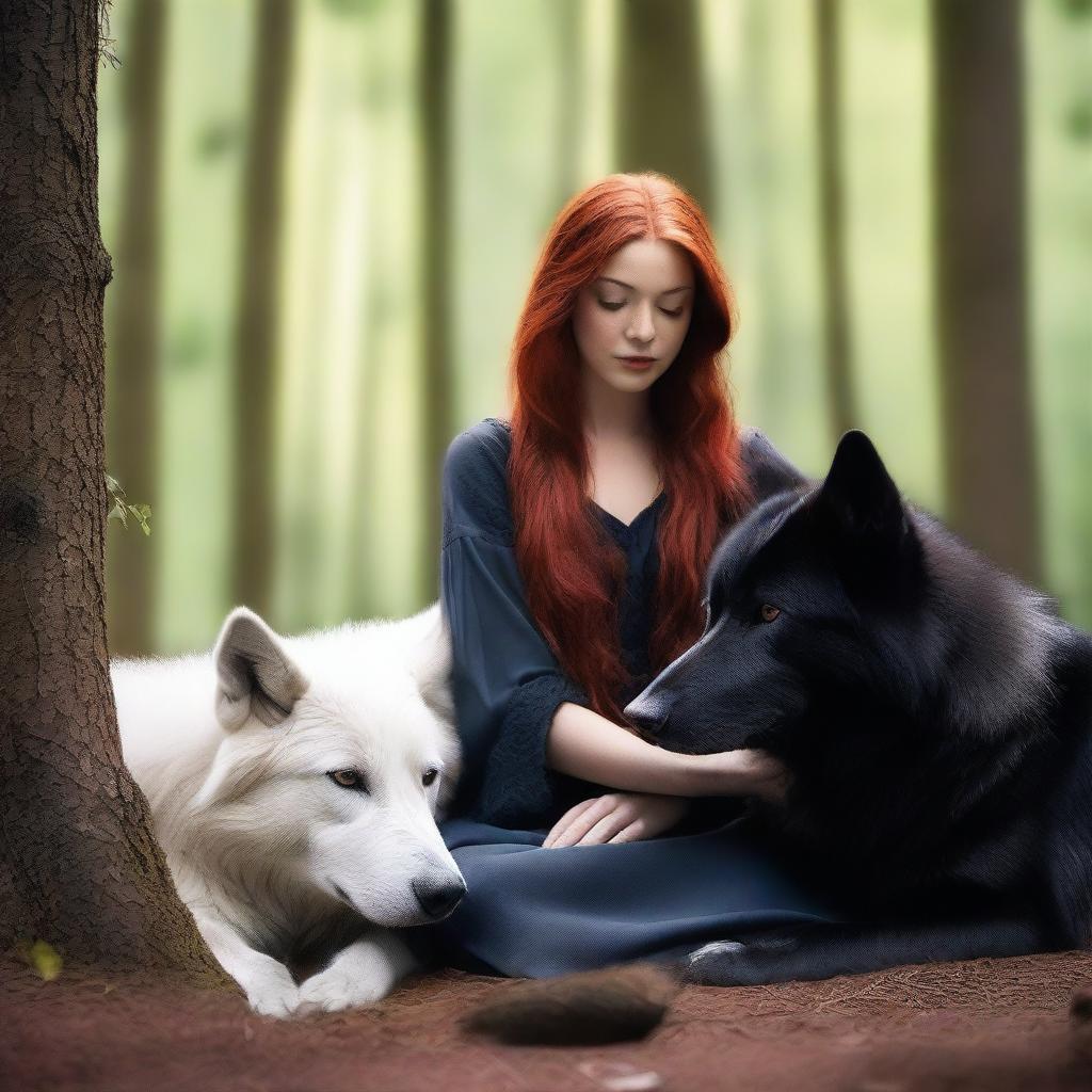 A serene image of a female with long red hair gently cuddling one black wolf and one white wolf