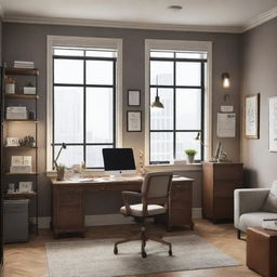 Illustration style office space with classic desk settings, decorated with stationery items, computers, and modern lighting fixtures.