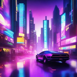 A futuristic scene featuring a high-tech cityscape with neon lights and sleek, advanced technology