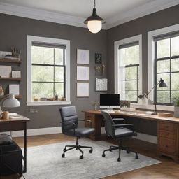 Illustration style office space with classic desk settings, decorated with stationery items, computers, and modern lighting fixtures.