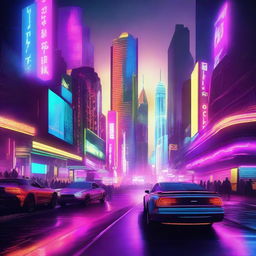 A futuristic scene featuring a high-tech cityscape with neon lights and sleek, advanced technology