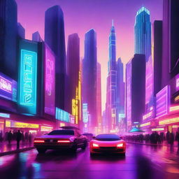 A futuristic scene featuring a high-tech cityscape with neon lights and sleek, advanced technology