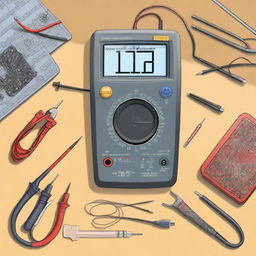 A detailed illustration of a digital multimeter on a workbench