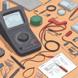 A detailed illustration of a digital multimeter on a workbench