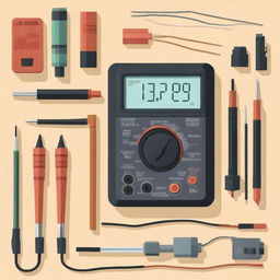 A detailed illustration of a digital multimeter on a workbench