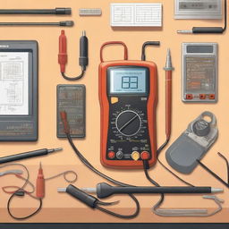 A detailed illustration of a digital multimeter on a workbench