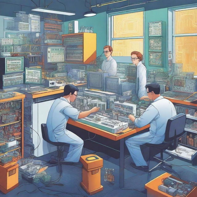 A vibrant and detailed illustration of an electrical engineering lab