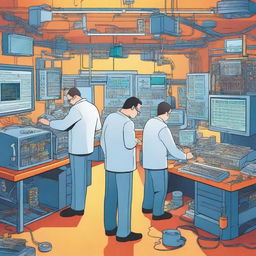 A vibrant and detailed illustration of an electrical engineering lab