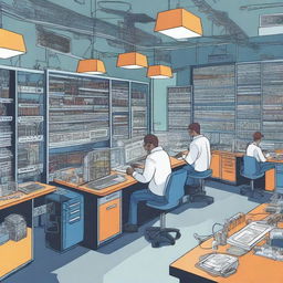 A vibrant and detailed illustration of an electrical engineering lab