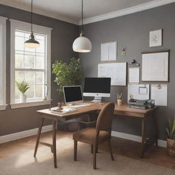 Illustration style office space with classic desk settings, decorated with stationery items, computers, and modern lighting fixtures.