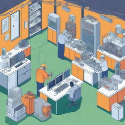 A vibrant and detailed illustration of an electrical engineering lab