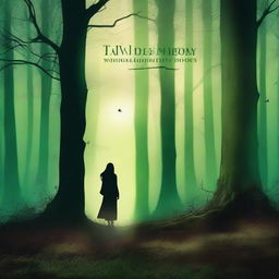 Create a captivating book cover featuring a mysterious forest with an enchanting glow, and a shadowy figure in the distance