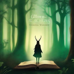 Create a captivating book cover featuring a mysterious forest with an enchanting glow, and a shadowy figure in the distance