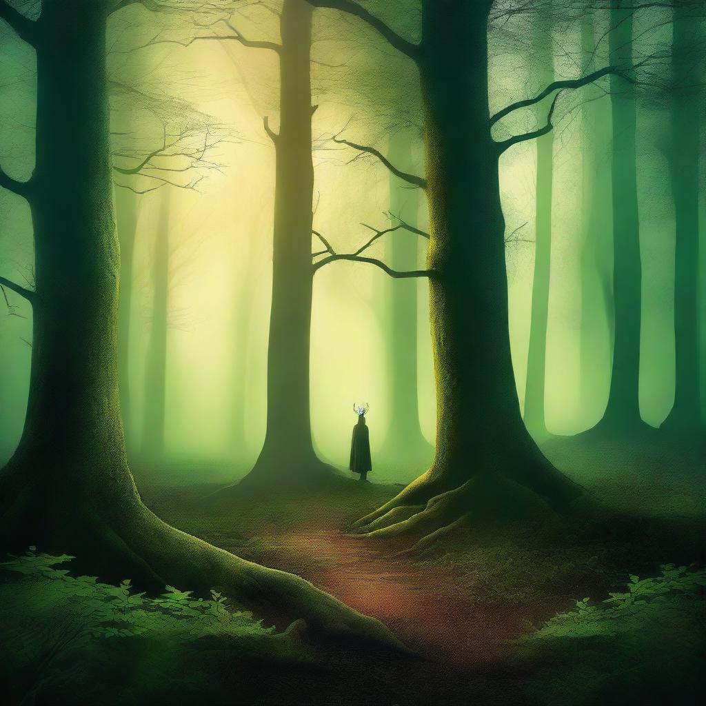 Create a captivating book cover featuring a mysterious forest with an enchanting glow, and a shadowy figure in the distance