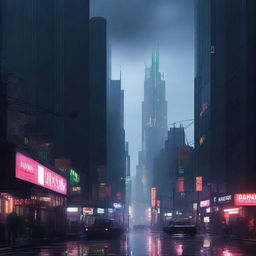 A dark, dystopian cityscape with towering skyscrapers, neon lights, and a gloomy atmosphere