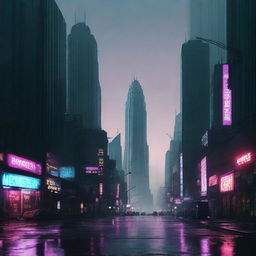 A dark, dystopian cityscape with towering skyscrapers, neon lights, and a gloomy atmosphere