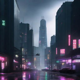 A dark, dystopian cityscape with towering skyscrapers, neon lights, and a gloomy atmosphere