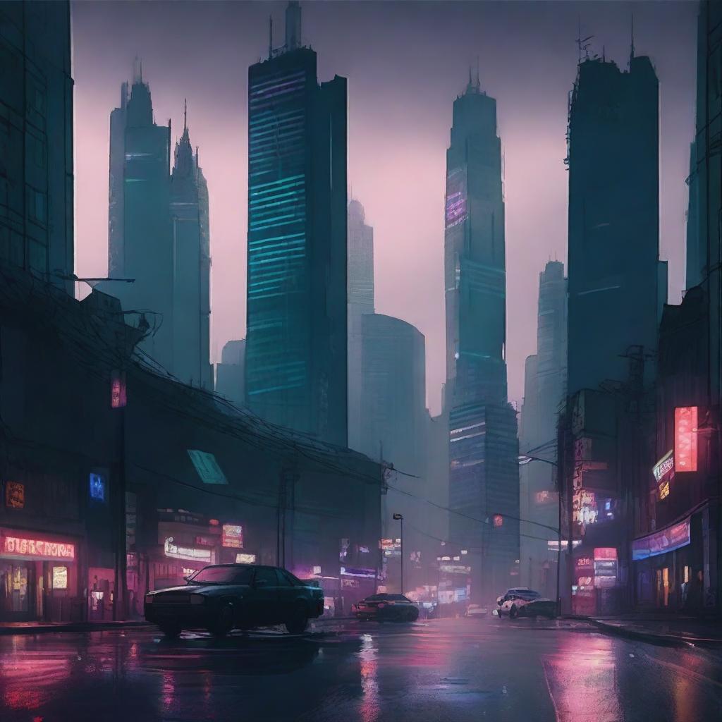 A dark, dystopian cityscape with towering skyscrapers, neon lights, and a gloomy atmosphere