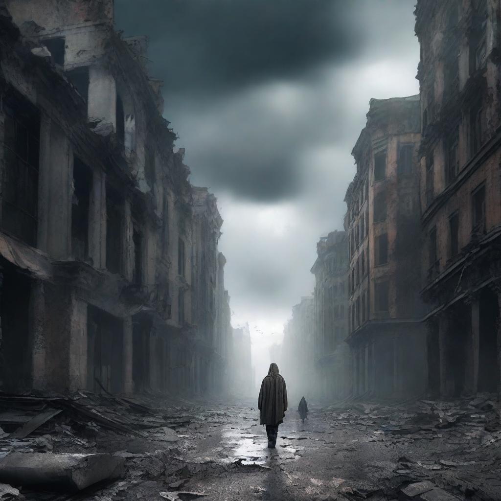 A dystopian scene where people are wandering a desolate cityscape, all of them blindfolded