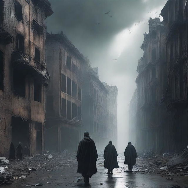 A dystopian scene where people are wandering a desolate cityscape, all of them blindfolded