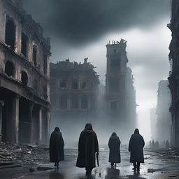 A dystopian scene where people are wandering a desolate cityscape, all of them blindfolded