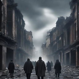 A dystopian scene where people are wandering a desolate cityscape, all of them blindfolded