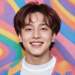 A high-quality, artistic portrait of Jungkook from BTS. He's featuring a colorful background, while he's smiling generously and embodying the energetic and charismatic aura he's known for.