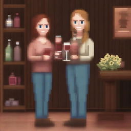 Create a pixel art image of two women holding glasses of wine and smiling