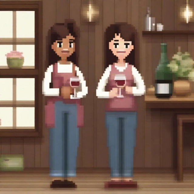 Create a pixel art image of two women holding glasses of wine and smiling