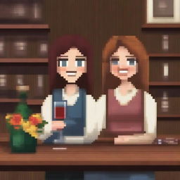 Create a pixel art image of two women holding glasses of wine and smiling